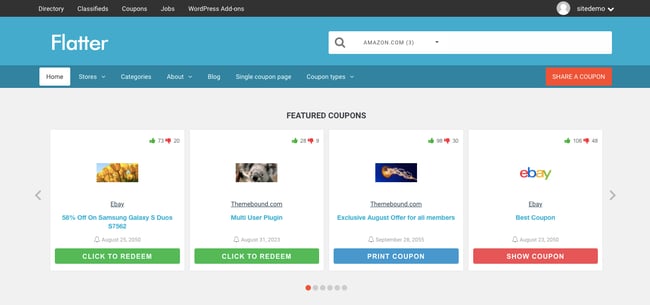 Flatter theme demo features coupons and affiliate links