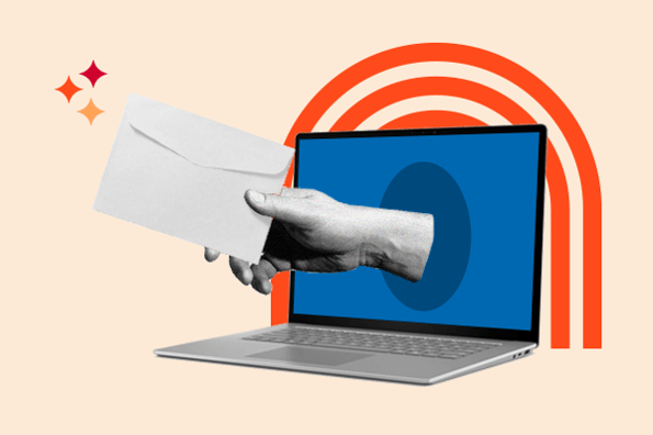 interview follow up email: image shows a hand holding an envelope reaching out from a computer 