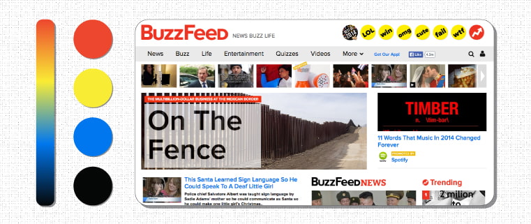 با پیروی از بهترین شیوه های طراحی وب سایت، پالت رنگ Buzzfeed هیجان و اعتماد را برمی انگیزد