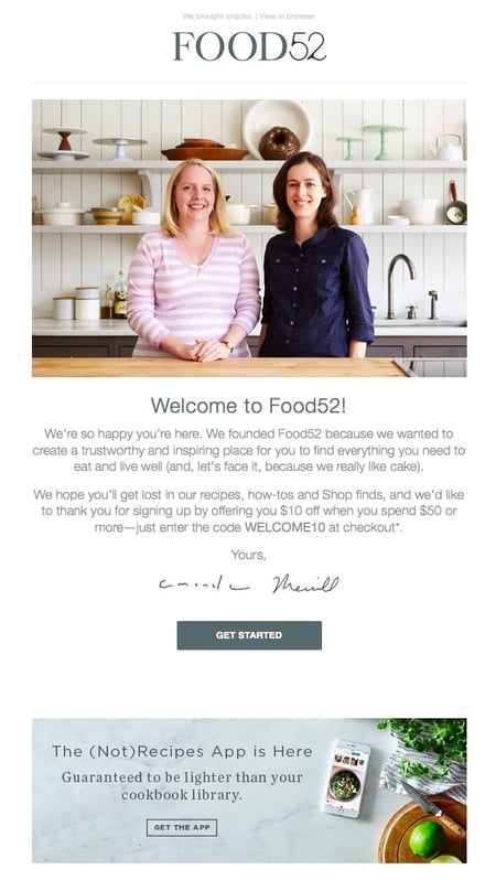 Food52 welcome email with a gray CTA to get started