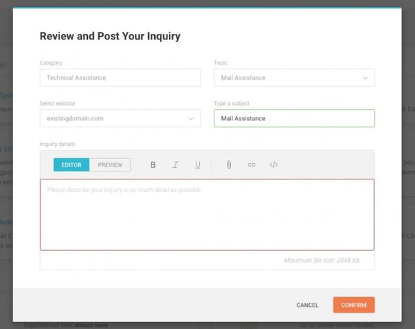 Form to submit a customer service ticket in SiteGround