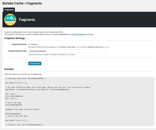 Fragment caching feature in Borlabs Cache plugins settings