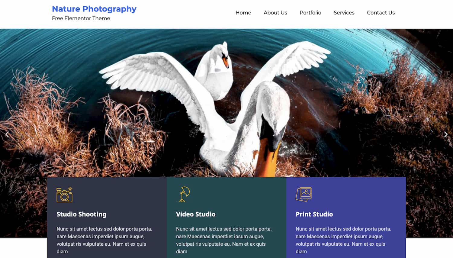 Free Bootstrap Photography theme demo displays a custom background, logo, and menu
