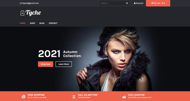 Free WordPress ecommerce theme Tyche offers a minimalist deisgn with bold colors 