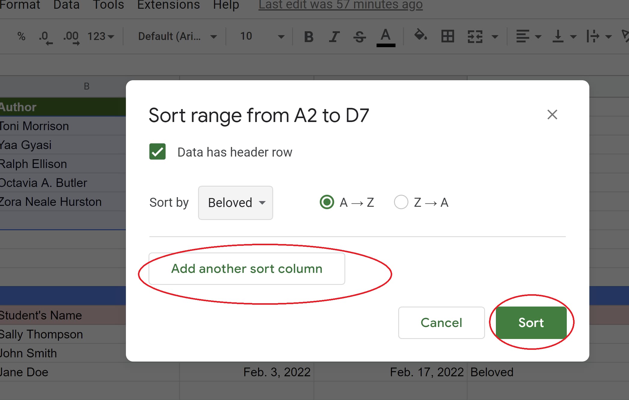 Add another sort column and Sort button pictured in Google Sheets