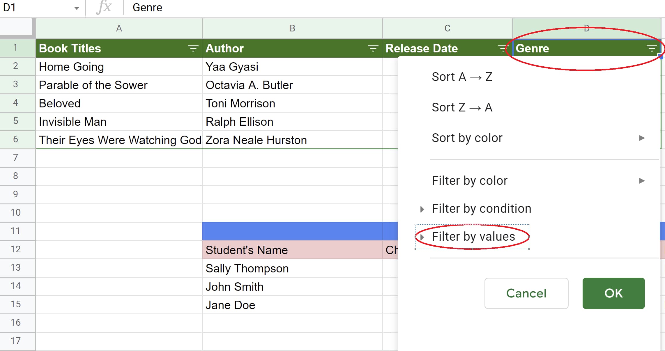The filter icon opens in the gender column, and the Filter by Values ​​tab is selected in Google Spreadsheets