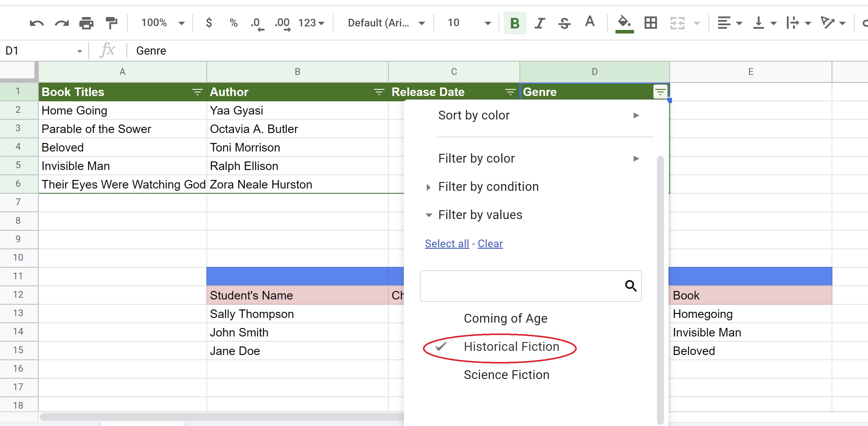 The value of Historical Fiction data is selected while the other values ​​are deselected in Google Spreadsheets
