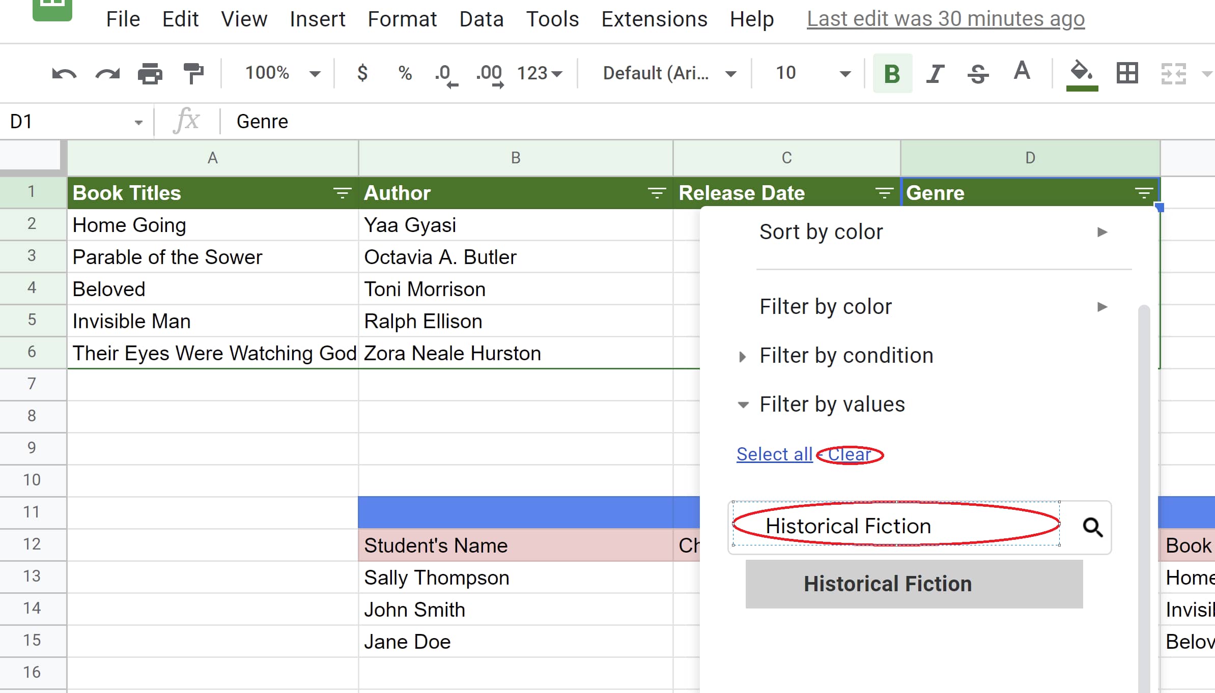 Historical Fiction data value is selected while other values ​​are de-selected in Google Sheets