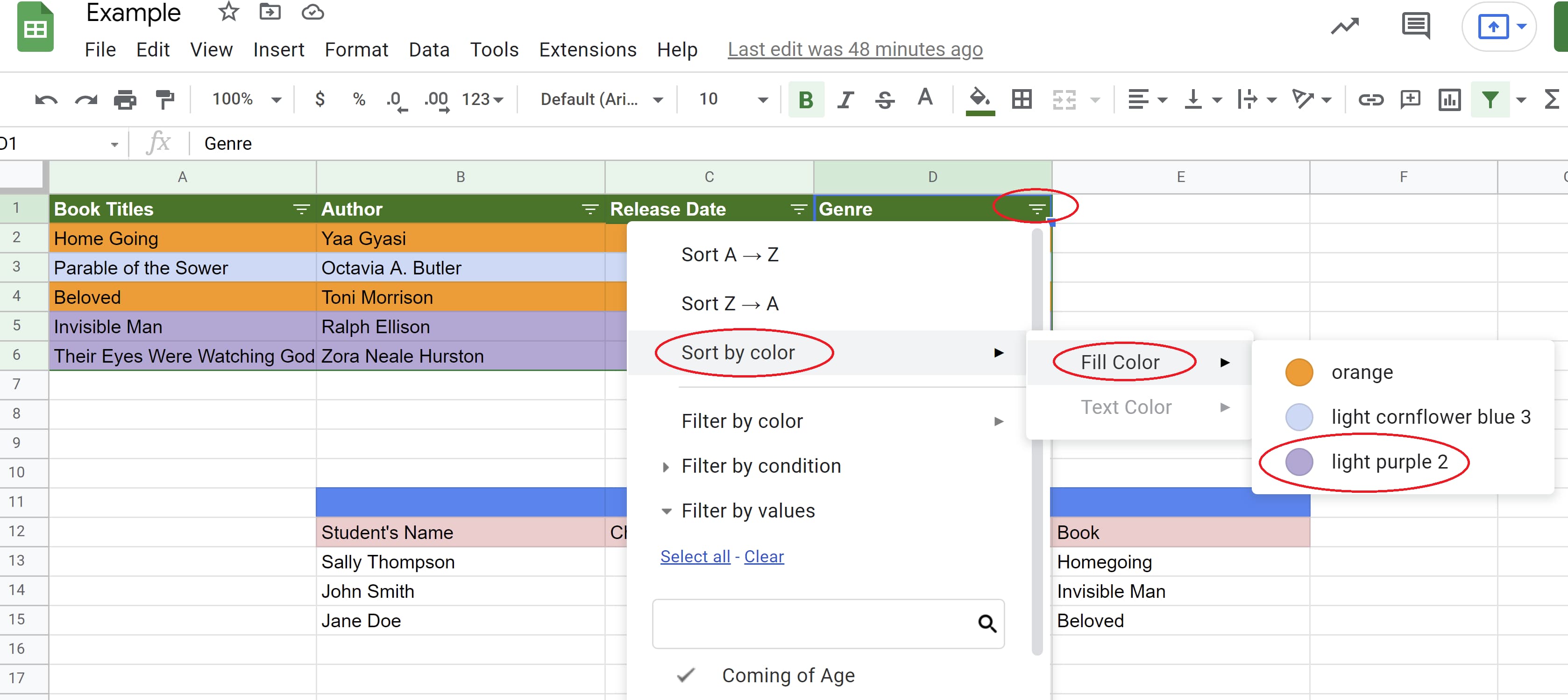 Filter in genre column selected, Sort by color tab opened, followed by Fill Color tab, followed by purple value