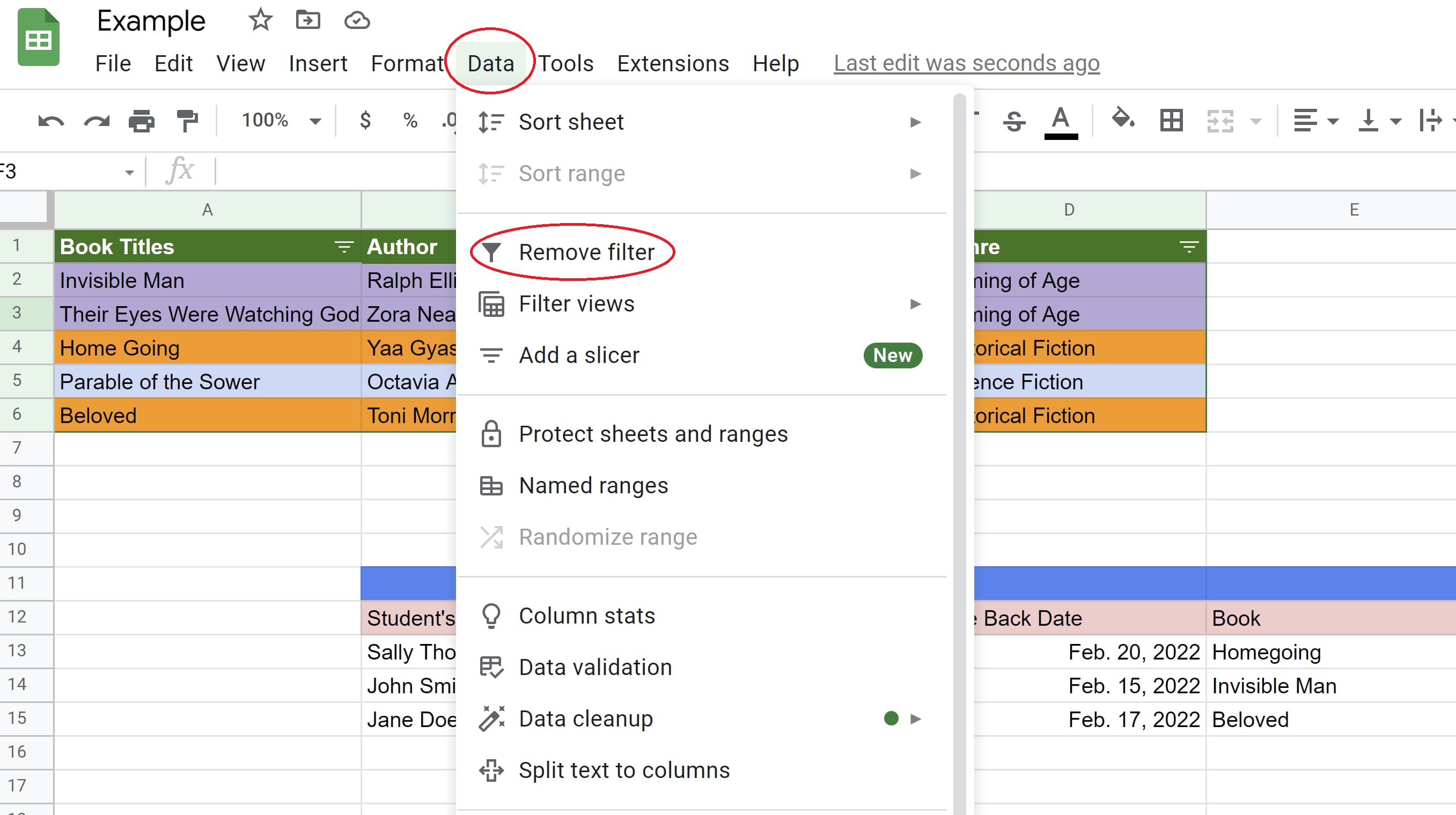 Selected Data tab followed by Remove filter to remove Google Spreadsheets filters