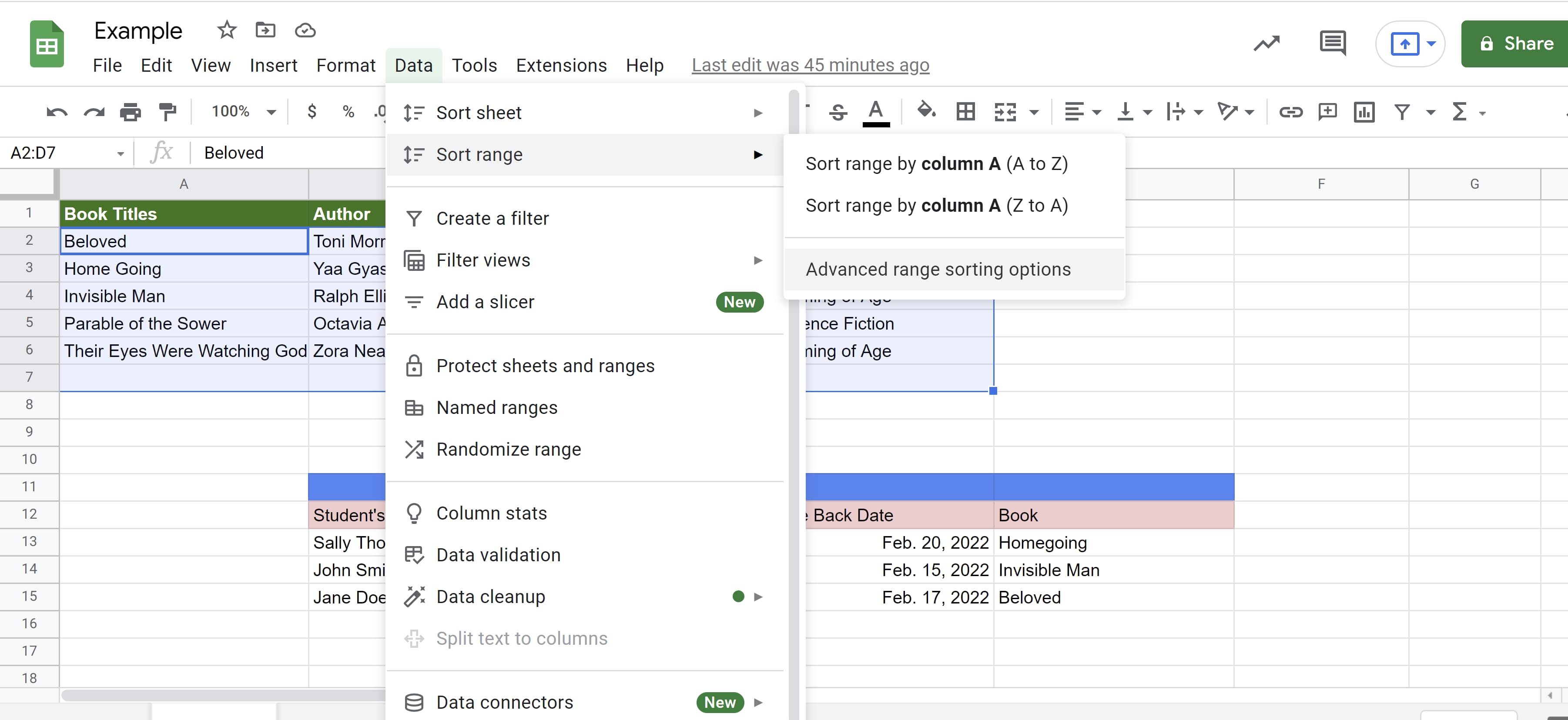 Data and Sort range tabs open to reveal Advanced range sorting options in Google Sheets