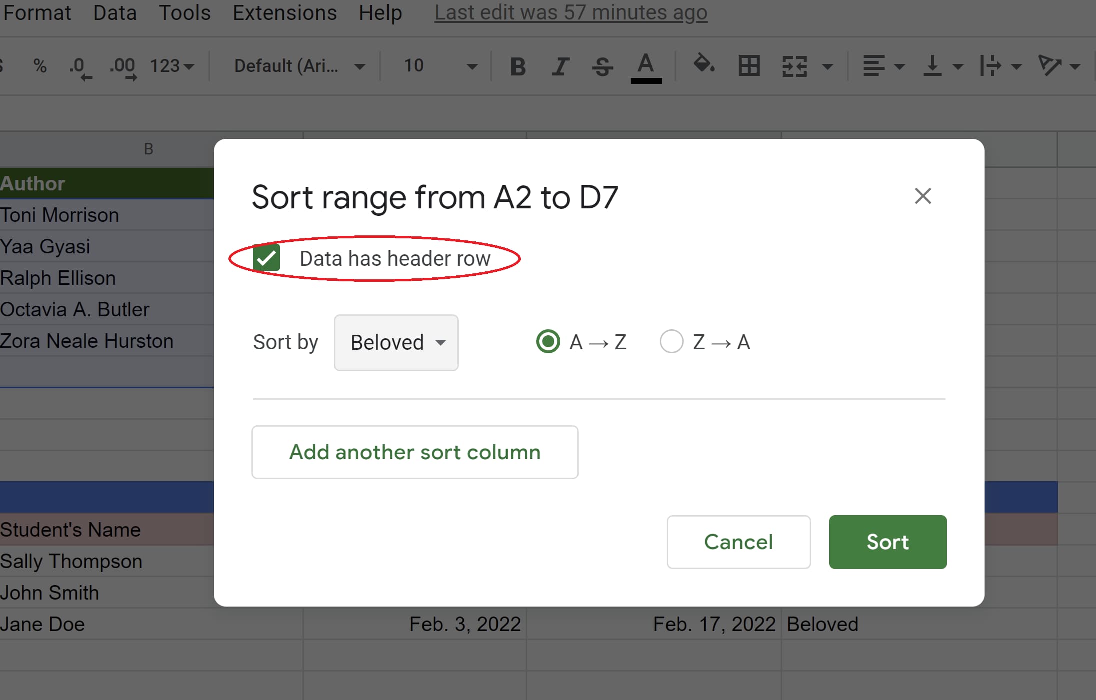 The data has the header row option selected in Google Spreadsheets