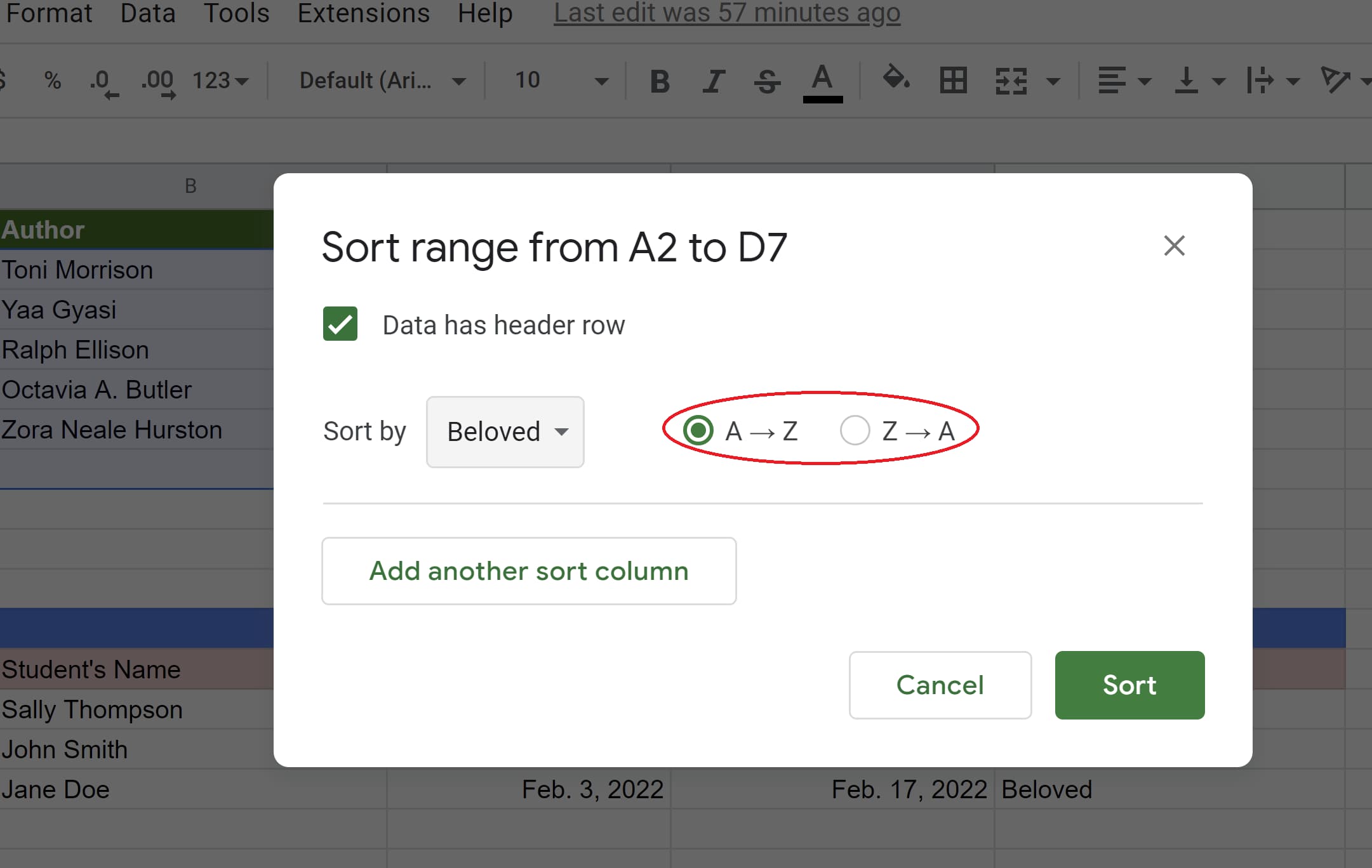 The selected AZ option to sort the data in ascending order in Google Spreadsheets
