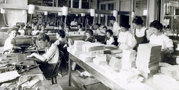 Workers creating and mass-producing Valentine's Day cards 