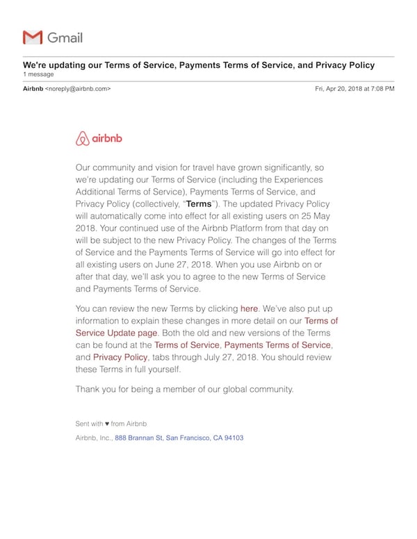 Airbnb email updating privacy policies related to the GDPR