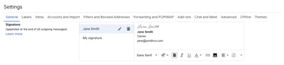 Screenshot of Gmail’s email signature settings. 