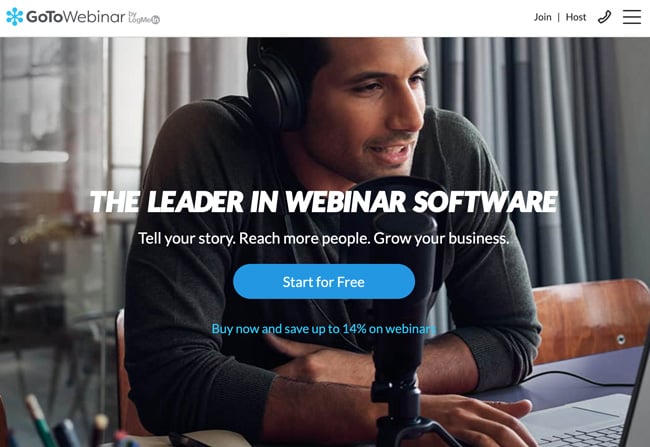 GoToWebinar Website homepage of a man with headphones on speaking into a microphone and text overlay that says The leader in webinar software tell your story. Reach more people. grow your business. Start for free. Buy now and save up to 14 percent on webinars.