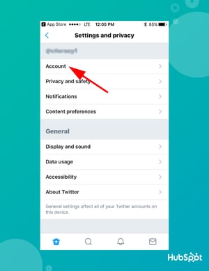 cómo cambiar el identificador de Twitter en la aplicación móvil: haga clic en cuenta
