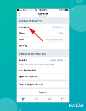 cómo cambiar el identificador de Twitter en la aplicación móvil: haga clic en nombre de usuario
