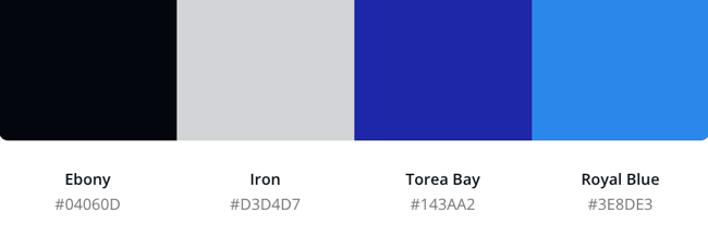 blue website color scheme featuring Ebony, Iron, Torea Bay, and Royal Blue