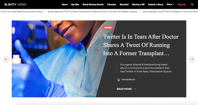 Blavity news website design features full-width slider of featured articles in hero section