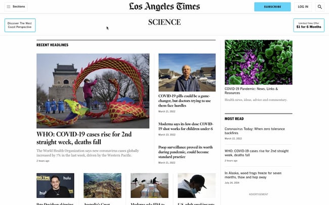 Los Angeles Times news website design uses white space and divider lines to organize sections 