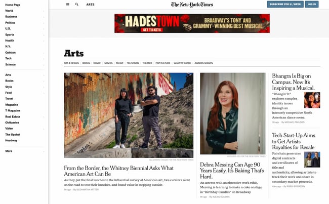 The New York Times news website design features a vertical navigation menu collapses behind hamburger button