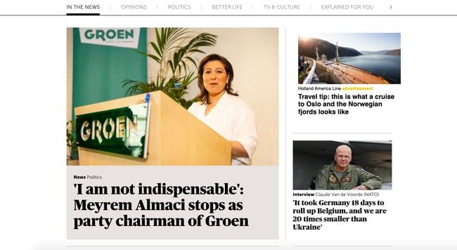 De Morgen news website design uses different typography for advertisements