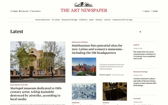 The Art Newspaper news website design has clean layout thanks to generous white space