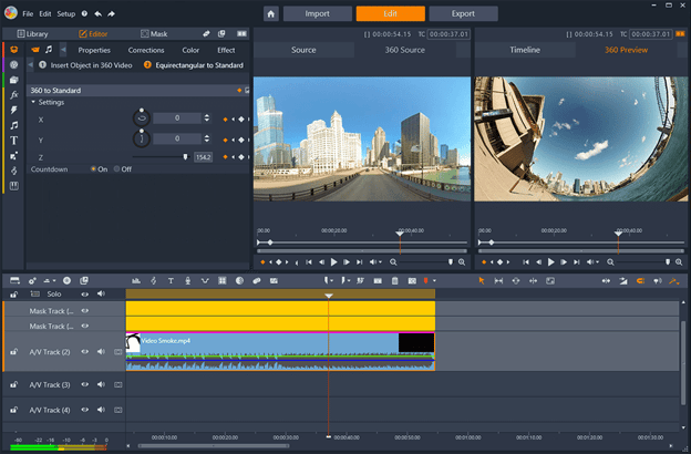 Pinnacle Studio 24 video editing software showing 360 camera landscape footage