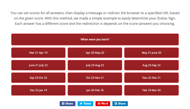 Questionnaire with Scores created with Modal Survey plugin for WordPress
