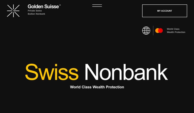 black and white website: Golden Suisse bank homepage features little text against black background