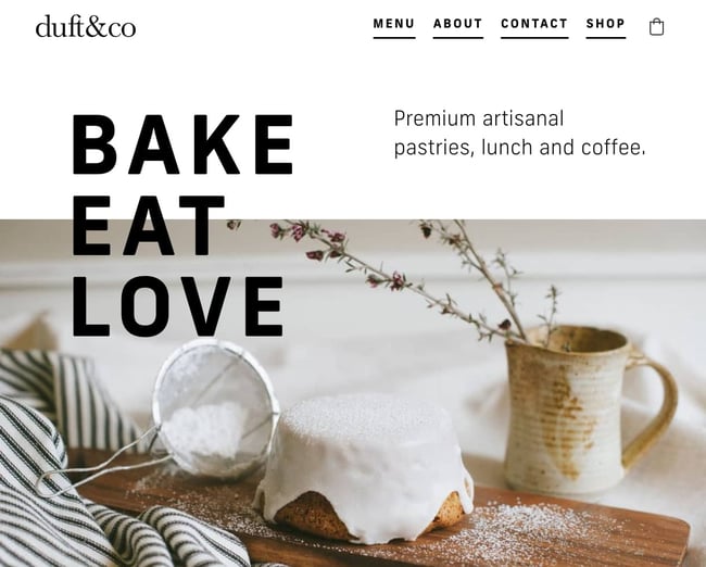 black and white website: duft & co homepage with minimalist design drawing attention to image of pastry and coffee