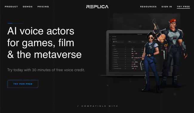 black and white website: Replica Studios homepage featuring AI voice actors demos and images