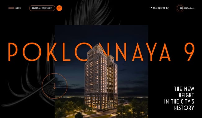 black and white website: Poklonnaya 9 homepage with neon orange accent color as twist on traditional color scheme