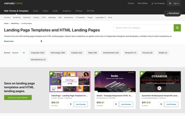 landing page templates that could be used to create a brochure website