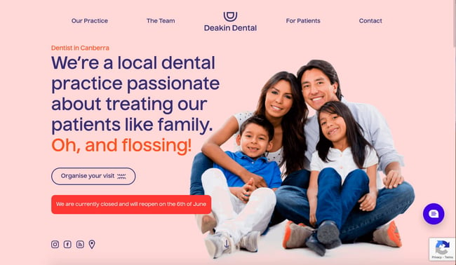 brochure website example: Deakin Dental homepage featuring CTA to book visit