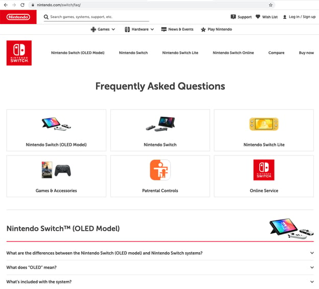 FAQ page design Nintendo Switch