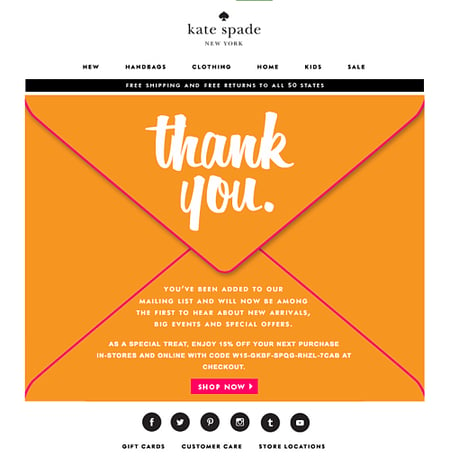 Kate Spade welcome email example with orange envelope graphic saying thank you