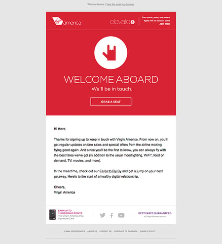 welcome email example: Virgin America welcome email with a red CTA to get started