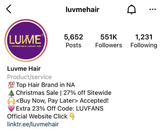 instagram bio idea: luvme hair example