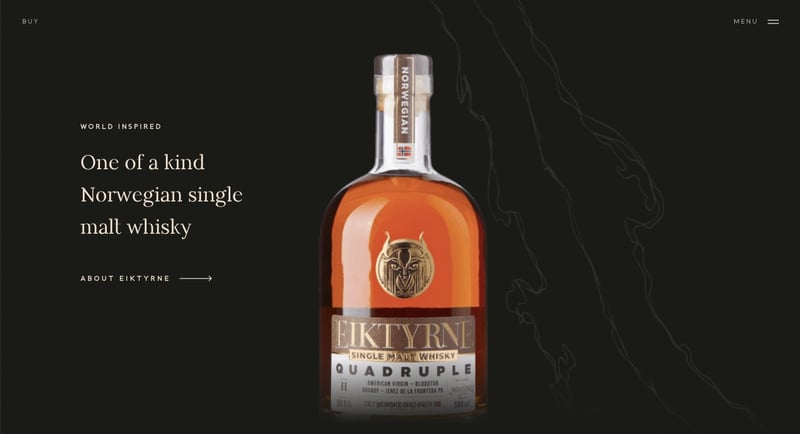 Minimalist ecommerce website Eiktyrne Whisky showcases whisky against dark background
