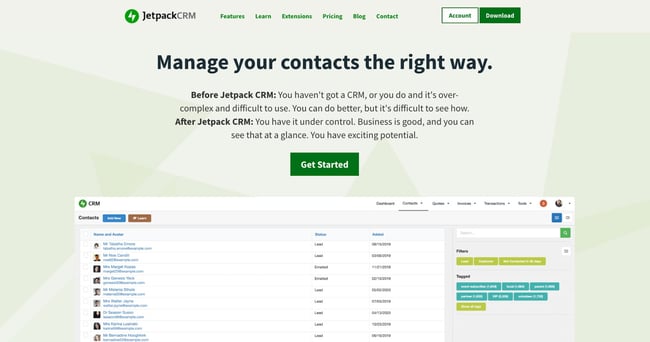 product page for the wordpress crm plugin jetpack crm