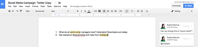Google Docs document with projects listed and comments on those projects