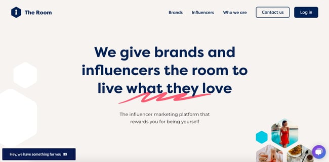 cms hub website example: The Room features a navigation bar with separate options for brands and influencers