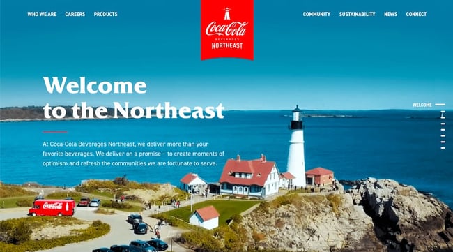 cms hub website example: Coca-Cola Beverages Northeast features image background of the actual Northeast location