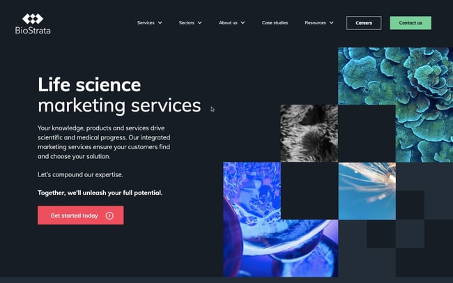 cms hub website example: BioStrata homepage features abstract imagery and animations