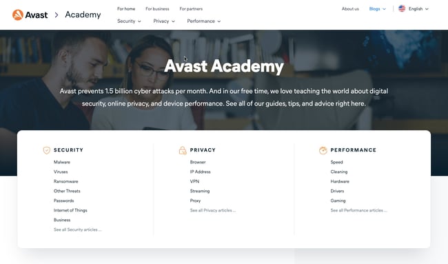 cms hub website example: Avast Academy has a navigation bar and hero section organized by topic