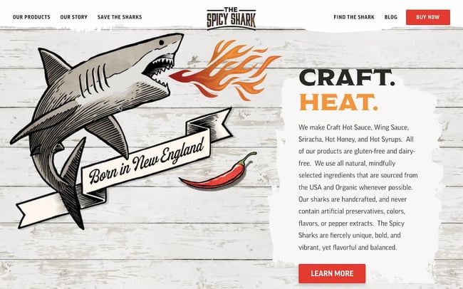 cms hub website example: The Spicy Shark features graphics of sharks and flames