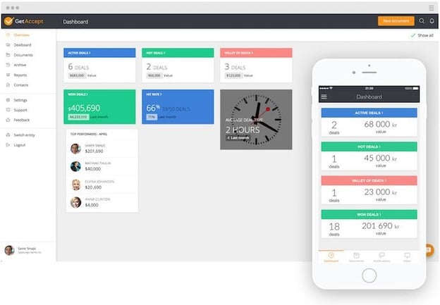 business proposal software: GetAccept dashboard with mobile app screen